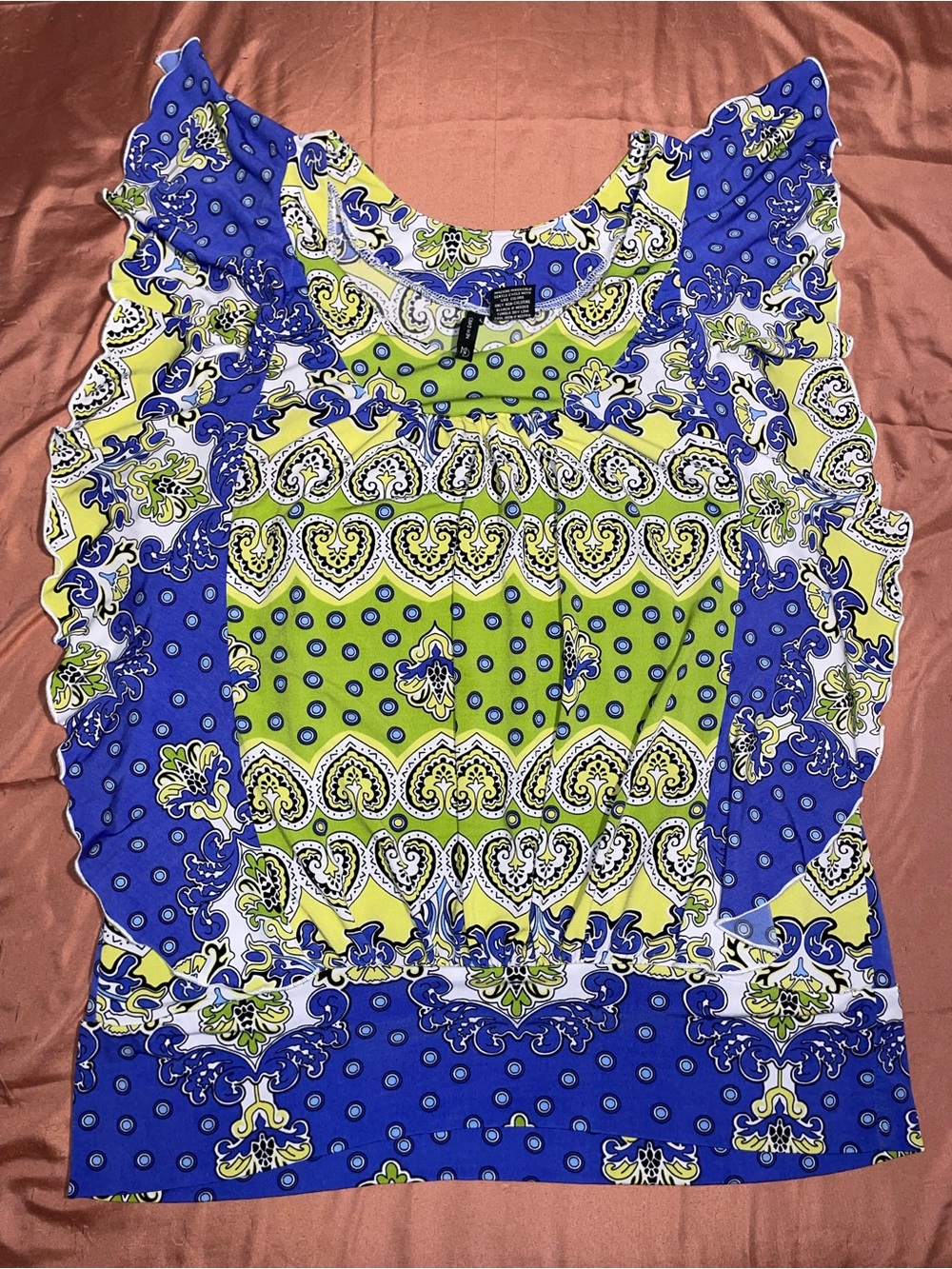Women’s Blue, Yellow, Lime, & White Patterned Ruffle Sleeveless Top